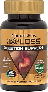Natures Plus AgeLoss Digestion Support - 90 Kapseln - Präbiotika, Live Enzyme & 150 mg L-Glutamin - Glutenfrei - 30 Portionen