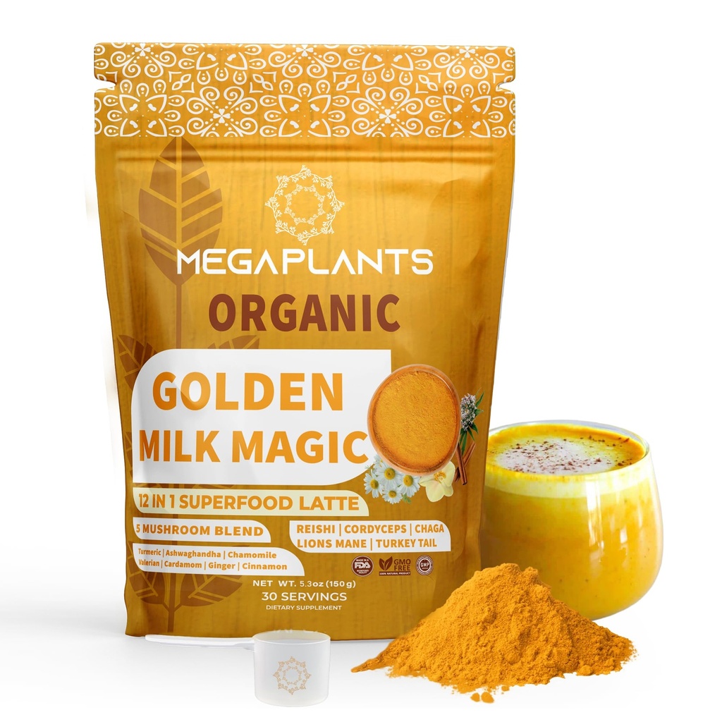 Golden Milk Magic (50 Servierungen) | Superfood 5 Pilzmischung für Schlaf, Entspannung, Relief | Turmeric, Ashwaghanda, Valerian, Kamille + 5 Pilzmischung | Smoothie, Heißes Getränke