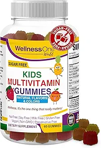 WellnessOne Kids Multivitamin Gummi - Zuckerfreie Immununterstützungsergänzung verpackt mit Vitamin C, B6, B12, Folsäure &amp; mehr - Natürliche Erdbeere, Ananas & Orange Flavors - 60 Gummy Vitamine