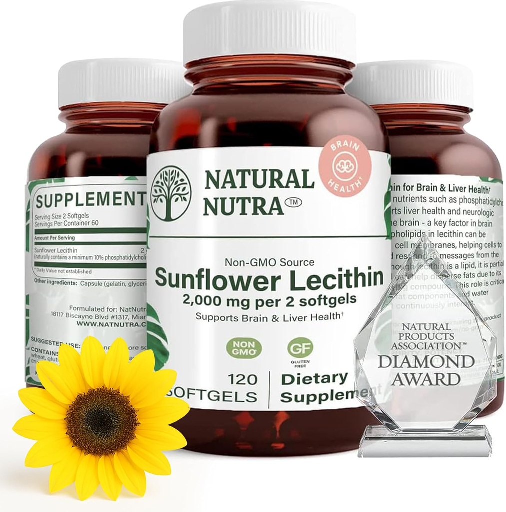 Natural Nutra Sunflower Lecithin 2000 mg Supplement, Unterstützt Stillende Mütter mit gesteckter Milch Duct Relief, Leber & Gehirn Gesundheit Booster, Soja Free, Non-GMO, Gluten-Free, 120 Softgels (3 Pack)