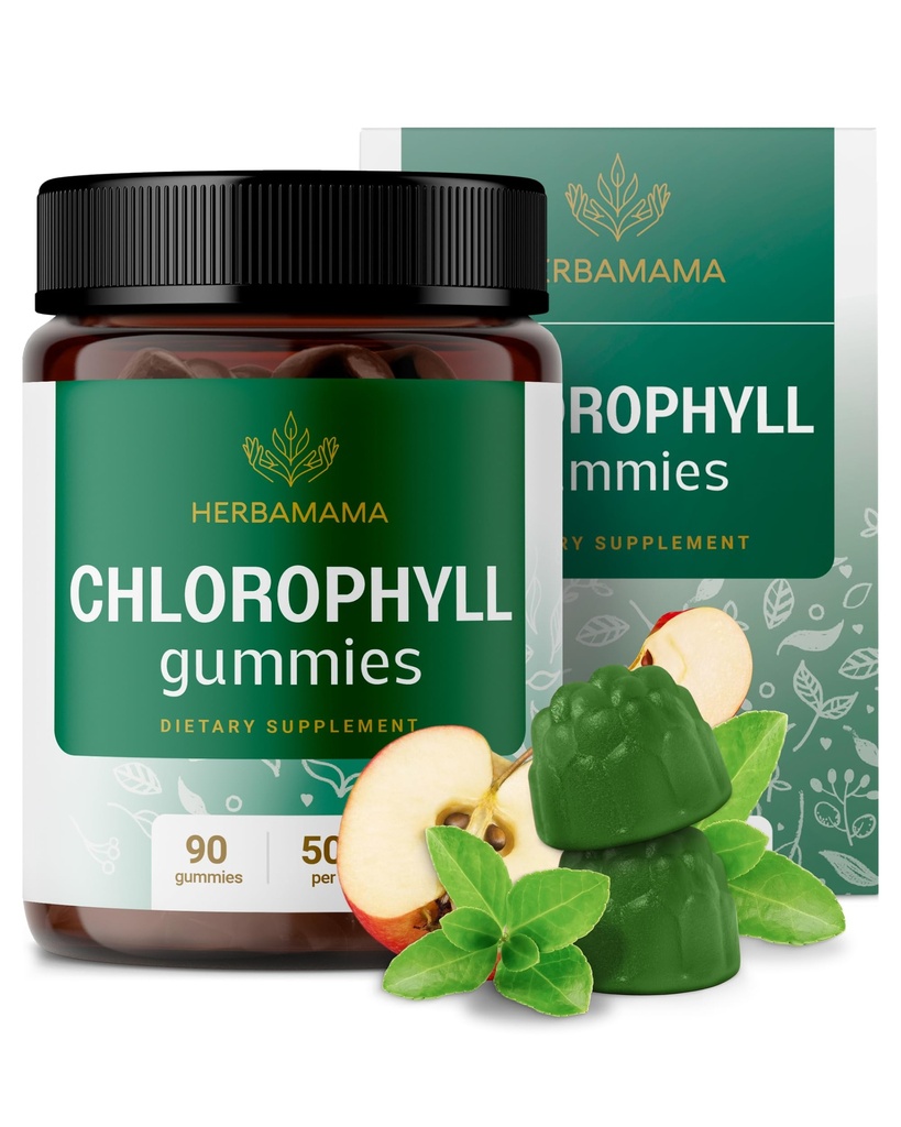 HERBAMAMA Chlorophyll Detox Gummis - 50mg Natrium Kupfer Chlorophyllin Internes Deodorant für Body Odor Support - Vegan, Non-GMO Antioxidant Supplement - 90 Pectin-basierte Apfel-Flavored Chews