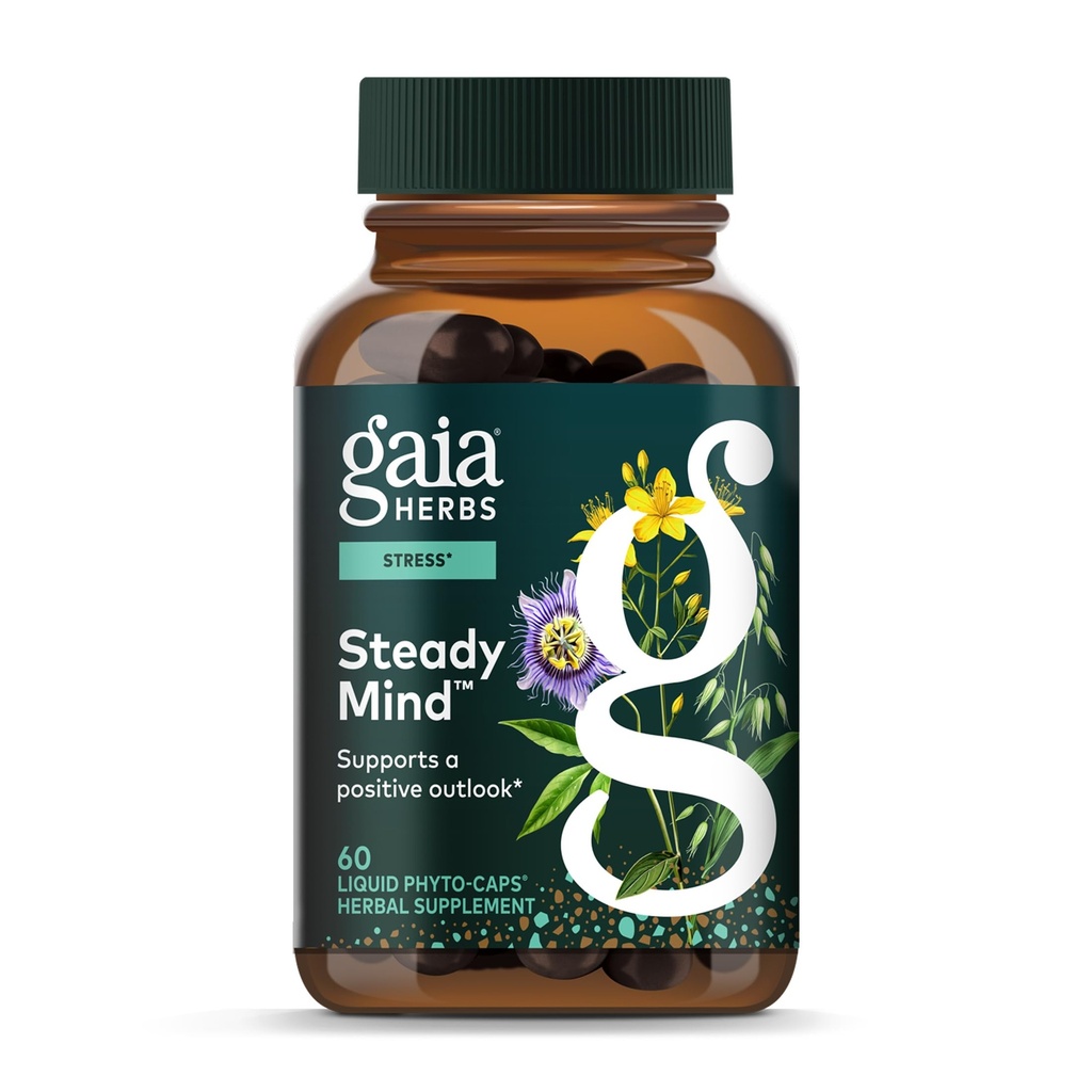 Gaia Herbs Steady Mind - Supplement Support with Herbs Traditionally Used for Stress Relief* - with St. John's Wort, Passionflower, Vervain & Oats - 60 Vegan Liquid Phyto-Capsules (60 Servings)