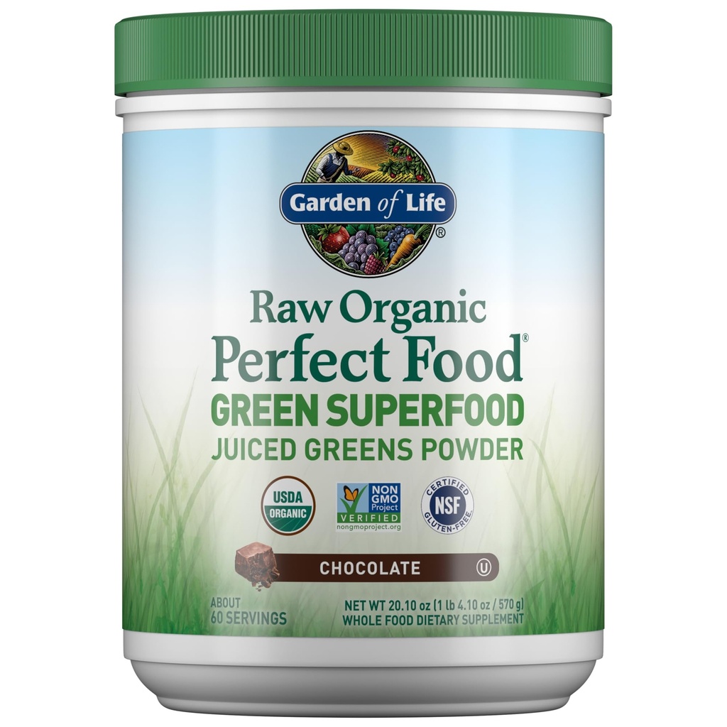 Garten des Lebens Raw Organic Perfect Food Green Superfood Juiced Greens Powder - Schokolade, 60 Servierungen, Non-GMO, Glutenfrei, Vegan Ganzes Nahrungsergänzungsmittel Plus Probiotics, Enzyme