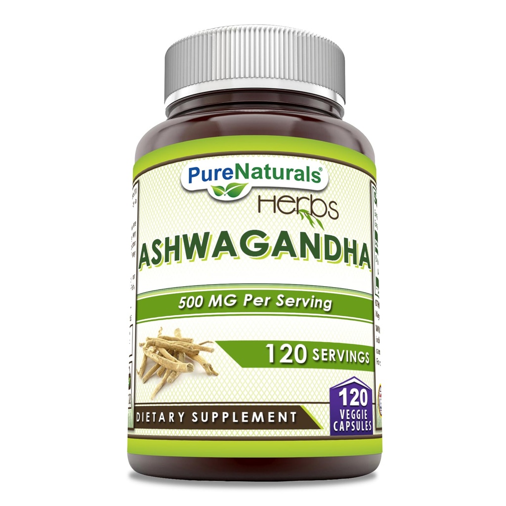 Pure Naturals Ashwagandha 500 Mg pro Portion 120 Veggie Kapseln Ergänzung | Hergestellt mit natürlichen Ashwagandha | Non-GMO | Gluten Free | Made in USA