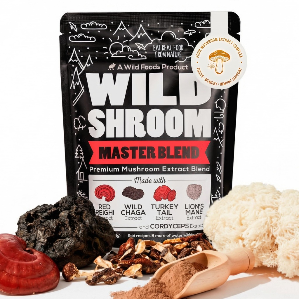 Wild Foods Wild Mushroom Blend-Supercharged Reishi, Chaga, Cordyceps, Turkey Tail and Lion’s Mane - 4Oz Pack- Adaptogenic Stress Reducer für Erhöhte psychische Clarity-Nootropic Flüssigkeitsmischung für Kaffee