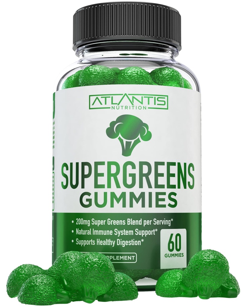 Atlantis Nutrition Supergreens Gummis - Tägliche grüne Superfood-Ergänzung mit Spinat, Broccoli, Moringa, Rübenwurzel, Sellerie, Grüner Tee, & Acai für Immunität Unterstützung - Natürliche Himbeere Geschmack, 60 cnt