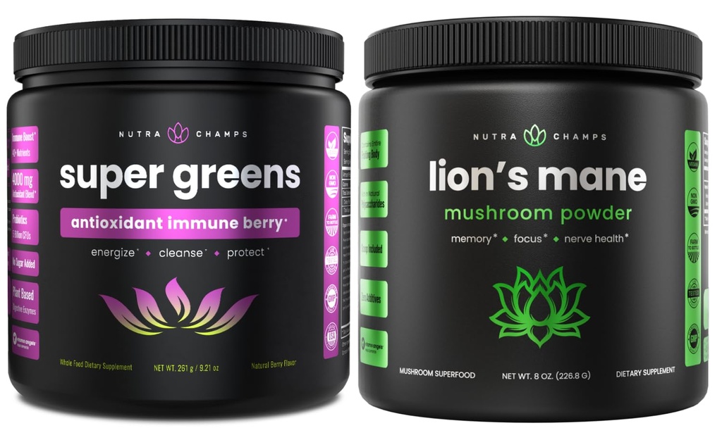 NutraChamps Super Greens Antioxidant & Lion's Mane Powder. Verdauungs-, Immun- und Adaptogenunterstützung