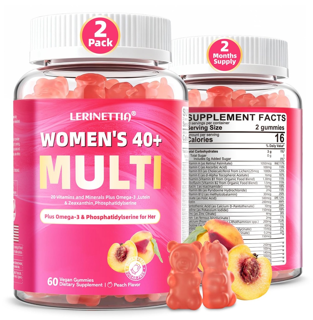 Multivitamin für Damengummis für 40+ mit Omega-3, Niacinamid, B-Komplex, Lutein, Eisen, Choline, Phosphatidylserin, Vitamin D3 für Haut, Haar, Energie, Immune, Knochen - Vegan, Sugar Free, 120Cts