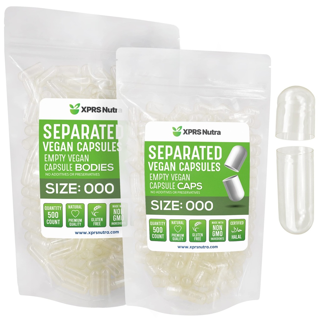 XPRS Nutra Vegan Größe 000 Getrennte Kapseln- 500 Count Premium Leere Kapseln Getrennt in Taschen - Klare leere Kapseln - 000 Tabletten für DIY Ergänzung Füllung
