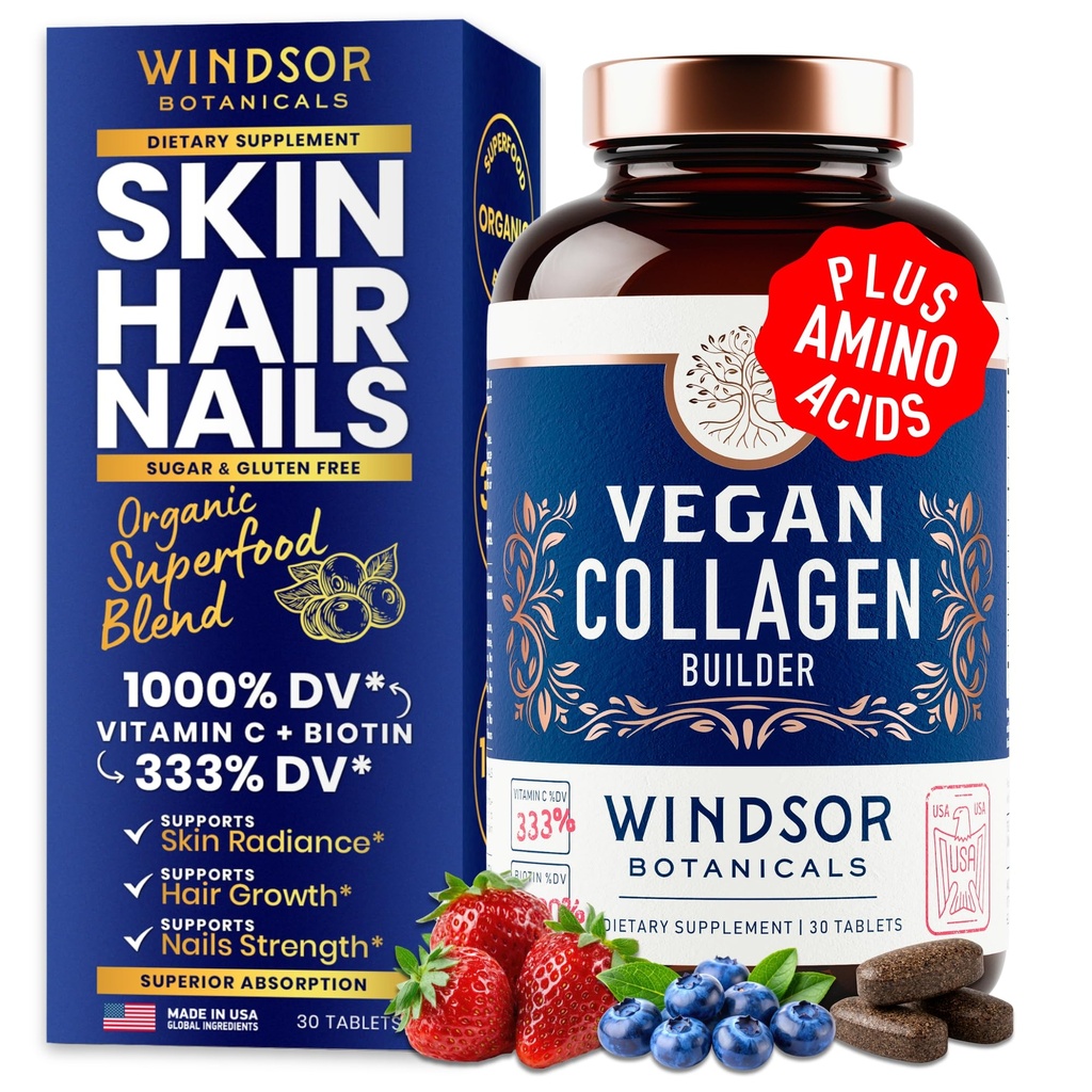 Vegane Kollagen für Frauen und Männer Ergänzungen - Vitamin C, Biotin, Aminosäuren Glycin, Lysin, Proline, Bio Obst und Gemüse Pulver - Einmal ein Tag - 30 pflanzenbasierte Collagen Boost Tabletten