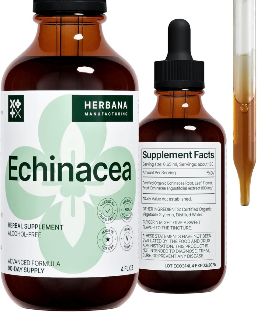 Echinacea 4 fl oz Flüssiger Extrakt - Bio-Root, Blatt, Blume, Seed - Natürliche Kräuterergänzung - Körper, Immunsystem Unterstützung Tinktur - Hohe Potenz Tropfen - 90-Tage Versorgung - Familiengröße