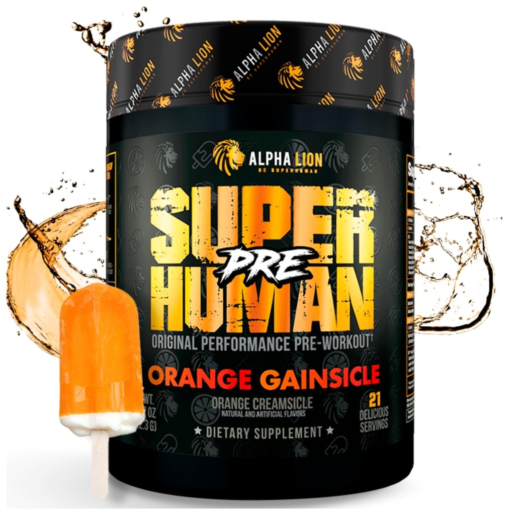 ALPHA LION Superhuman Pre Workout Powder, Beta Alanine, L-Taurine & Tri-Source Koffein für nachhaltige Energie & Fokus, Nitric Oxide & Citrulline für Pumpe (21 Servietten, Orange Gainsicle)