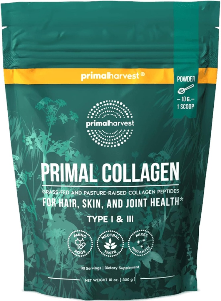Primär Harvest Collagen Pulver für Frauen oder Männer Primal Collagen Peptide Pulver Typ I & III, 10 Oz Collagen Protein Pulver für Haare, Haut, Nägel (Single, Unflavored)