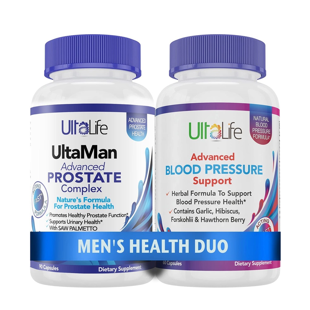 ULTALIFE Men's Health Duo - 2 Flaschen - Ein Prostata-Support-Komplex mit Saw Palmetto & Beta Sitosterol & Eine HIGH Blutdruck-Ergänzung mit Knoblauch & Hawthorn Berry Fast-Acting Kapseln für Männer