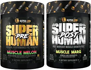 ALPHA LION Superhuman Pre Workout Powder & Post Workout Recovery Bundle, Sustained Energy & Focus + Lean Muskelwachstum, Stärke & Volumen (Muscle Melon & Muskel Marg)