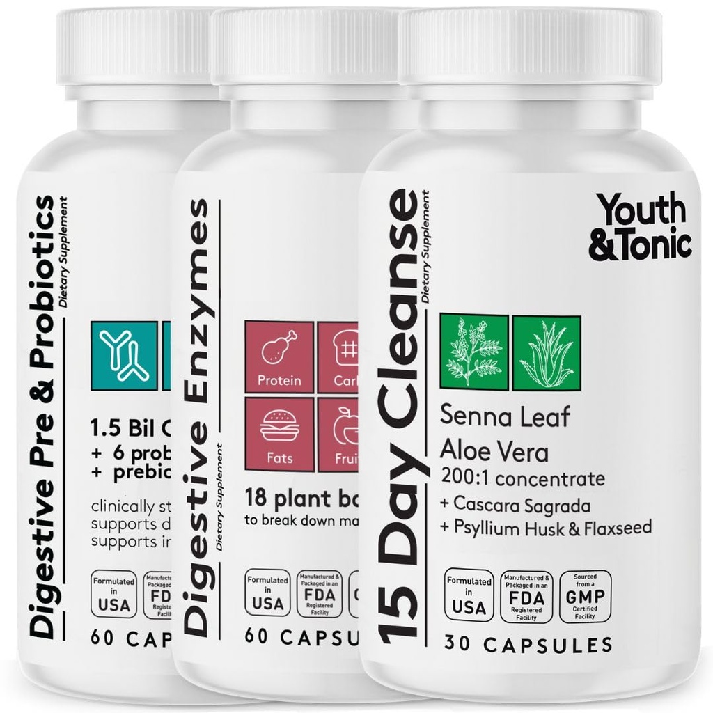 Youth & Tonic 15 Day Colon Cleanse Digestive Enzymes with Pre & Probiotics | for Digestion, Belly Bloat, Break Down Food, Gut Health and Regularity,150 Pills for Women & Men