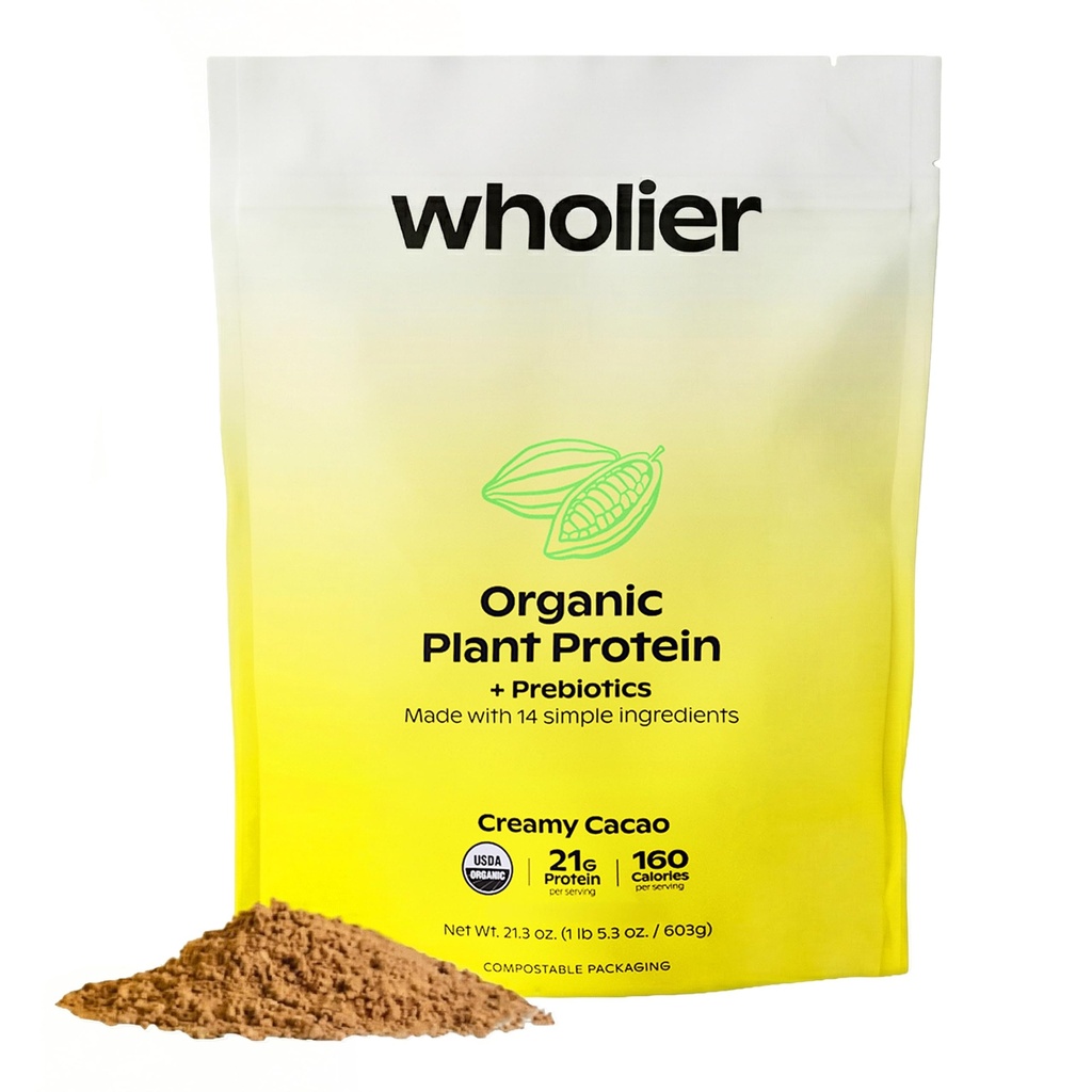 wholier Bio Pflanzenprotein + Präbiotika. Clean Vegan Protein. 21g Protein. 14 Echte Pflanzenbestandteile. Präbiotische Faser. Keine natürlichen Aromen, Gums oder Füllstoffe. Creamy Cacao (1 lb. 4 oz.)
