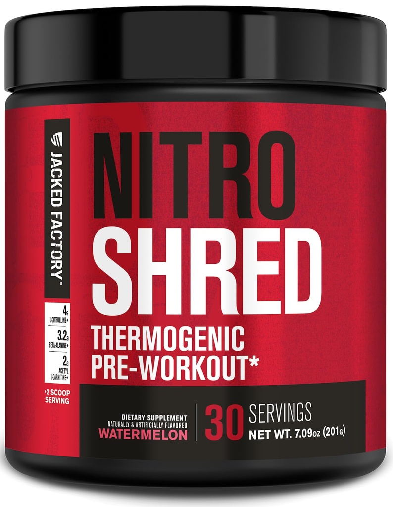 Jacked Factory NITROSURGE Shred Pre Workout Supplement - Energy Booster, Instant Strength Gains, Sharp Focus, Powerful Pumps - Nitric Oxide Booster & PreWorkout Powder - 30Sv, Watermelon