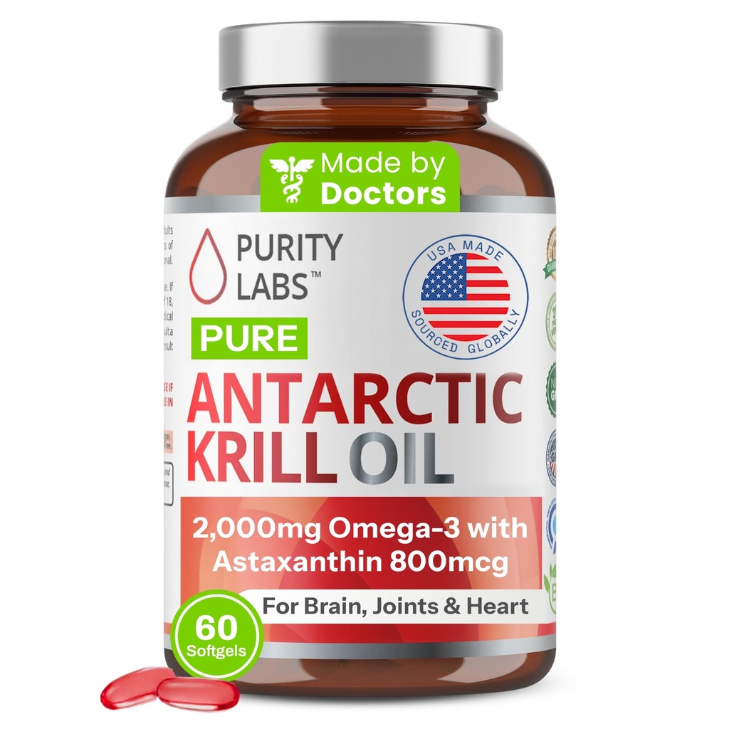 Purity Labs Antarktis Krill Öl 2000mg Omega-3 mit Astaxanthin 800mcg Ergänzungen zu Unterstützung Speicher- reich an Omega 3, Fettsäuren, DHA, EPA & Phospholipide - 60 Softgels
