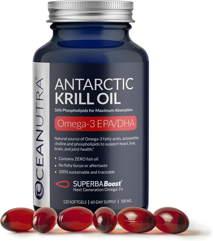 Wild Caught Antarctic Krill Oil 500mg Softgels, SuperbaBoost Omega 3 Supplement, EPA & DHA, Astaxanthin, Choline, 56% Phospholipide, Nachhaltiges, Kein Fischöl, Vanille Flavor (60-Day Supply)