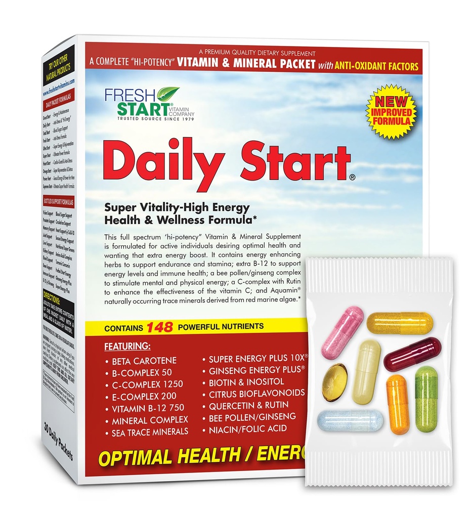 Täglicher Start Vollständiges tägliches Vitaminpaket | 10X Energy & Stamina Booster | Vitamin A, B, C, D, E, B12, Minerals, Ashwagandha, Panax Ginseng, Yerba Mate, Grüner Tee (30 Packungen)