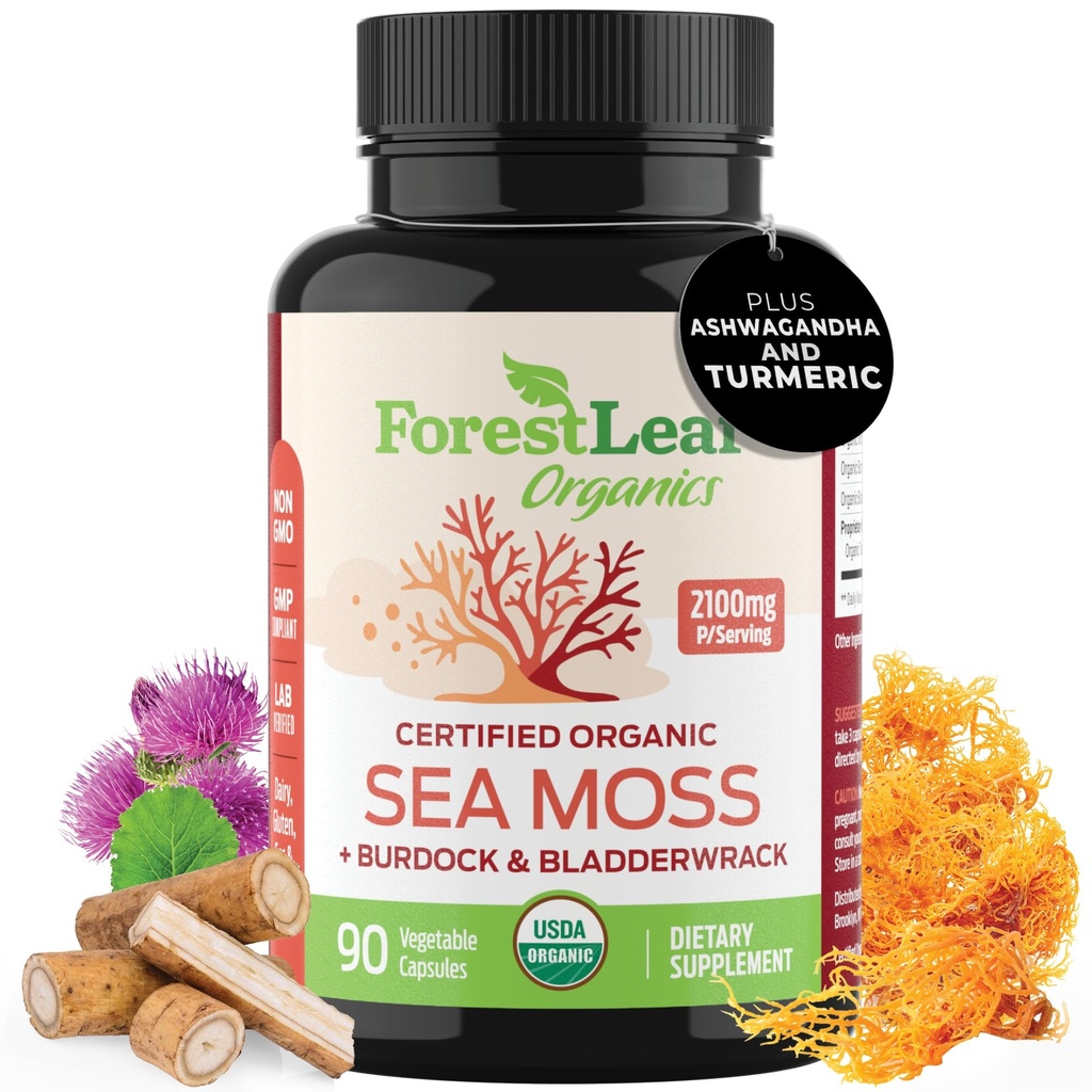 ForestLeaf Organic Irish Sea Moss Capsules | 2100mg Raw Seamoss Pills Advanced Supplement Superfood + Burdock, Bladderwrack für Verdauungs-, Atemschutz-, Immun-Gesundheit | 90 Vegan Bio Sea Moss Caps