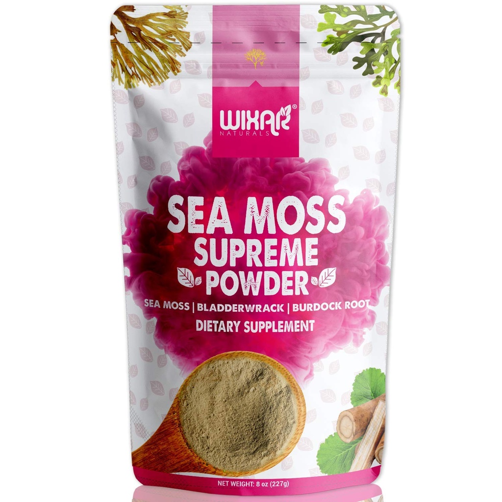 Wixar Wildcrafted Sea Moss Powder – (8 Unzen) – Natural Irish Sea Moss und Bladderwrack mit Burdock Powder - Schilddrüsenunterstützung, Gesunde Haut, Keto Detox, Joint Support Alkaline Supplements