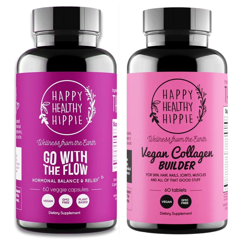 Happy Healthy Hippie Vegan Collagen Builder w/Hyaluronsäure & Gehen Sie mit dem Flow Hormon Balance für Frauen