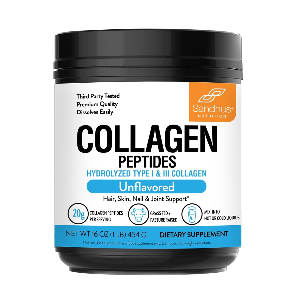 Sandhu's Collagen Peptides Powder|1 lb, 22 Servis Unflavored| Grass-Fed Hydrolyzed Bovine Collagen | Unterstützt jugendliche Haut, Haare, Nägel, Mobilität & Flexibilität