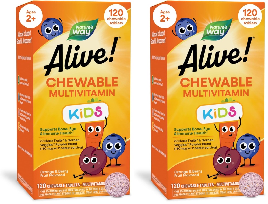 Nature's Way Alive! Kinder Daily Chewable Multivitamin, unterstützt Knochen, Auge und Immungesundheit*, Orange & Berry Fruit Flavored, Glutenfrei, 120 Kautabletten (Packaging May Vary) (Package of 2)