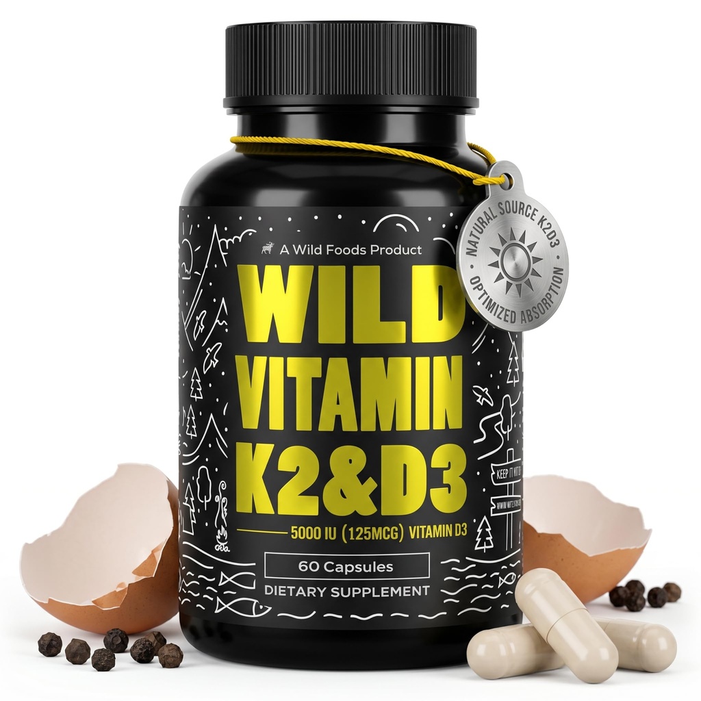 Wild Foods 5000iu Vitamin D3 + K2 | (100mcg Mk7) mit Schwarzer Pfefferextrakt, Pflanzenbasiert, Non-GMO, Soja & Glutenfrei | Nahrungsergänzung | Made in USA | 60 Kapseln