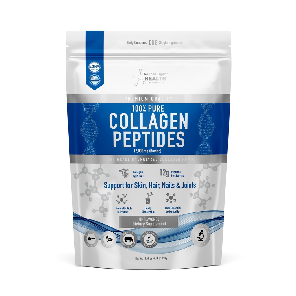 Das Intelligent Health Collagen Peptides Powder, 45 Servierungen, hydrolysiertes Kollagen, Typ I & III, Gras Fed, Unflavored, Glutenfrei, Keto/Paleo, 10g Servierungen, 15.9 Oz, Hautunterstützung, Haar, Nagel, Gelenke