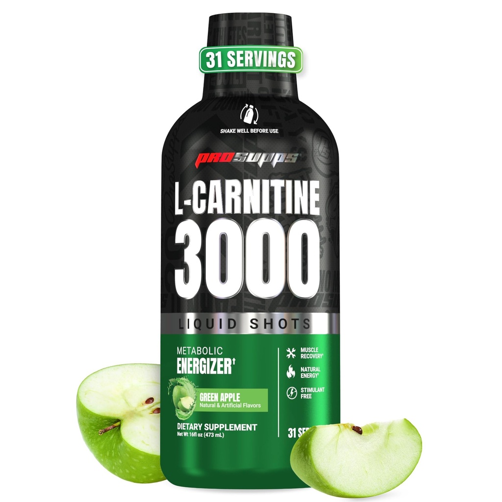 PROSUPPS L-Carnitin Liquid 3000, Stimulantfreie flüssige Schüsse für Männer und Frauen - Clean Workout Drink for Energy, Performance & Muskel Erholung - Kein Zucker, keine Carbs - 31 Servietten, Grüner Apfel