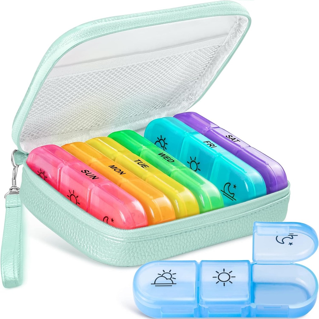Süße Pille Organizer 3 Mal pro Tag, große tägliche Pille Fall für Frauen, Tragbare Pille Box 7 Tag für Geldbeutel mit Tasche & Zipper halten Vitamine, Medikamente, Fischöle, Beilagen (Cyan Blue)