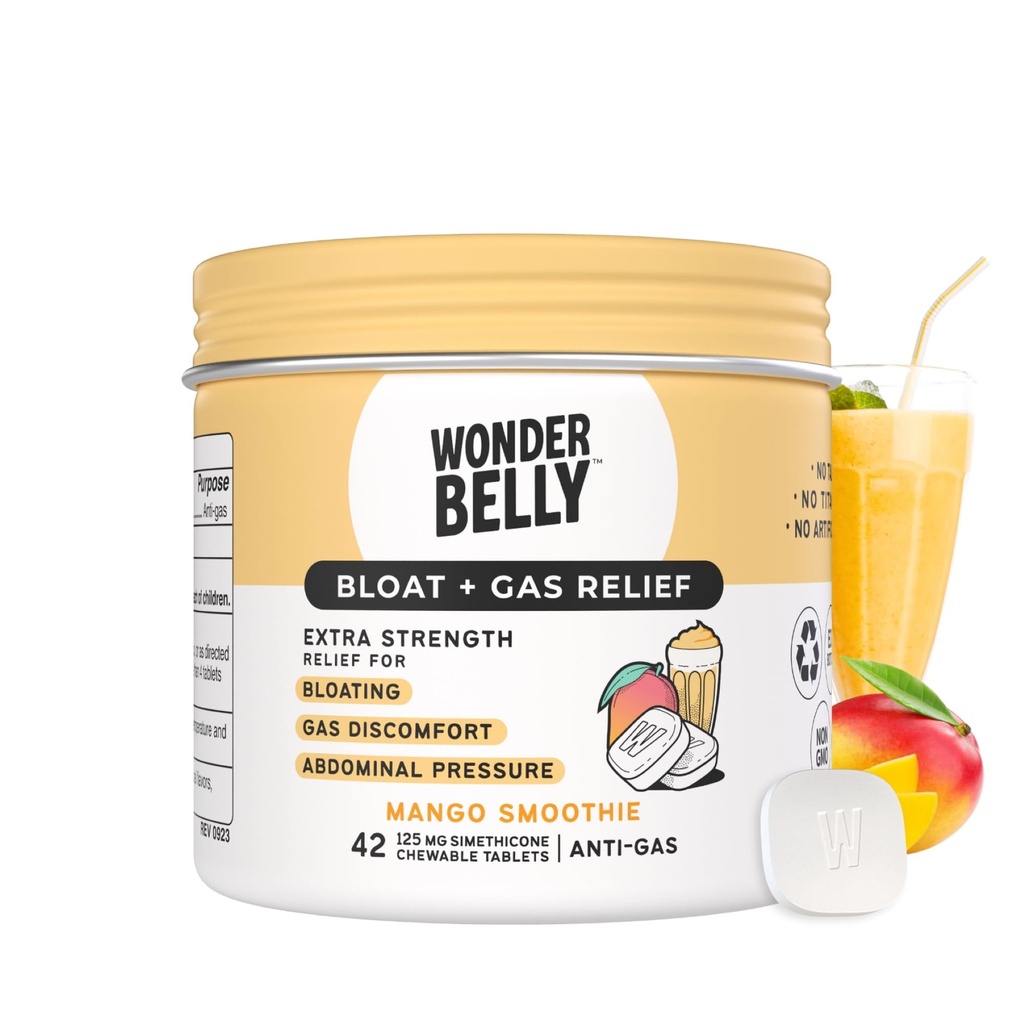 Wunderbar Bloat + Gas Relief, extra Stärke Kautabletten, mit 125 mg Simethicone, No Talc oder Dye, Mango Smoothie, 42 Count