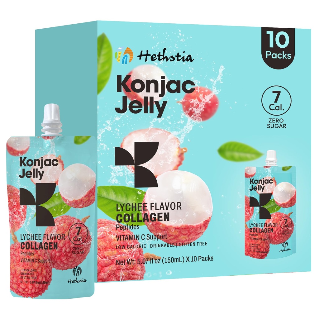 Hethstia Konjac Jelly, Lychee Konjac Jelly 10 Pouches mit Collagen Peptides, Low Calorie Trinkbare Litchi Jello, Vitamin C leichte Snacks, Sugar Free, Keto, Glutenfreie, gesunde Lebensmittel Geschenke