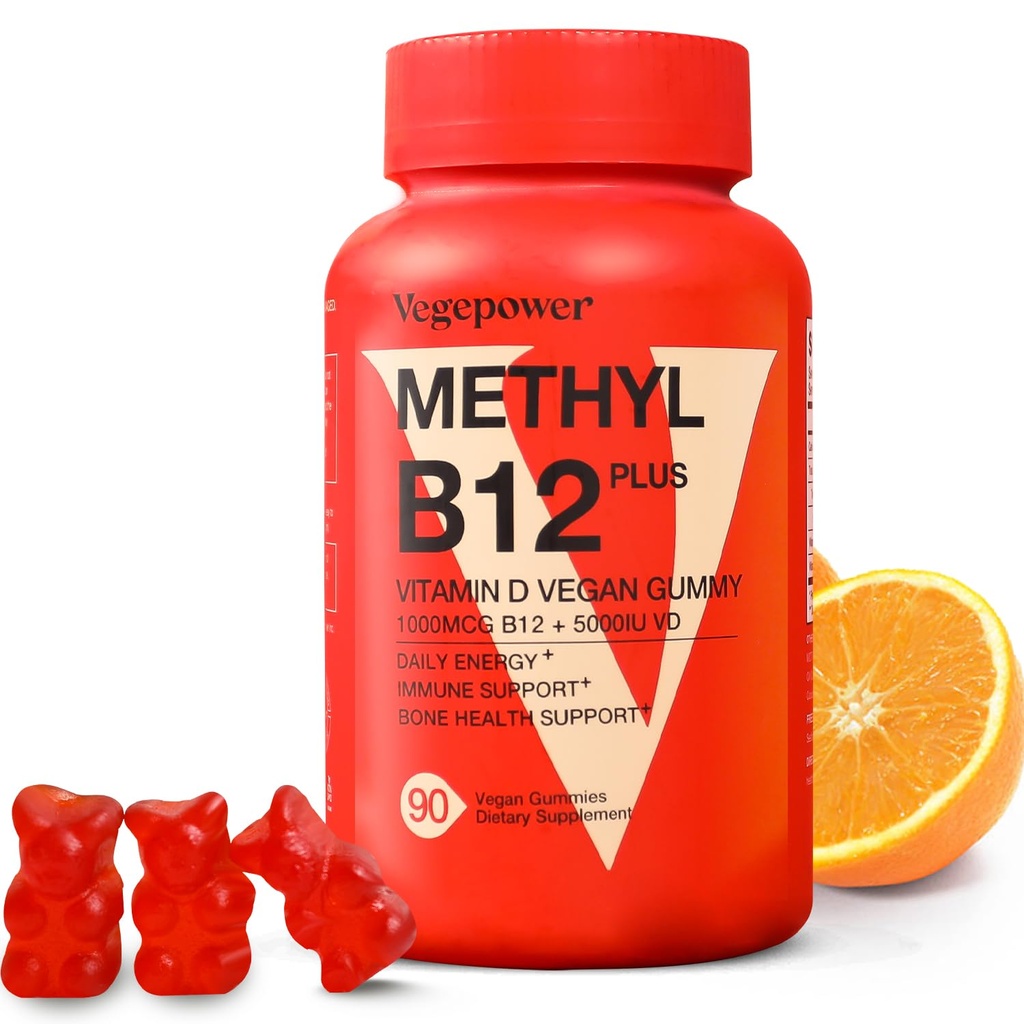 Vitamin B12 D3 Vegan-Gummien - 90 Graf I 1000 MCG Methyl B12 & 5000 IU Vitamin D Gummy Chewable Supplements für Erwachsene & Kinder - Immune Gesundheit & Tagesenergie Boost - Non-GMO, Orange