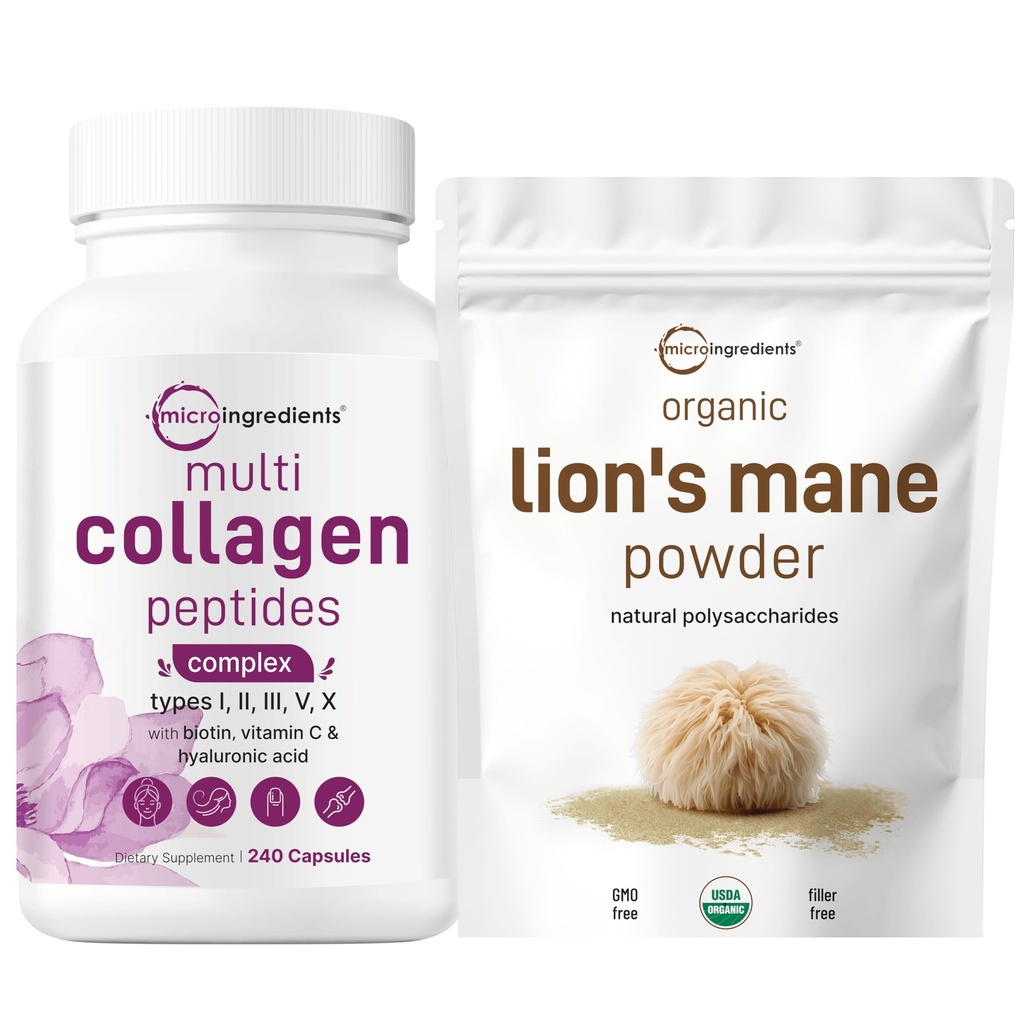 Micro Ingredients Multi Collagen Complex & Lions Mane Mushroom Supplement Powder Bundle 2 Pack | Grass-Fed Collagen Peptides | Natürliche Superfood für Gehirn, Energie und Immungesundheit