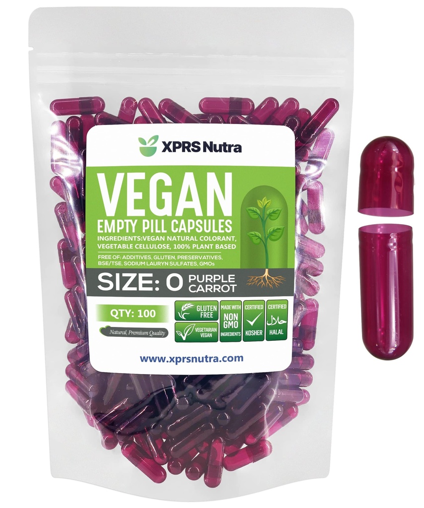 XPRS Nutra Größe 0 Leere Kapseln - 100 Zähler leere Vegan Kapseln - Vegetarische Pillen - DIY Gemüse Kapsel Füllung - Veggie Pillen Kapseln für Do-It-Yourself Ergänzungen (Purple Carrot)