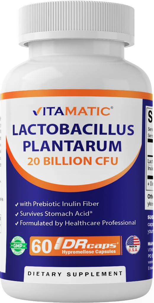 Vitamatic Lactobacillus Plantarum - 20 Milliarden pro DR-Kapsel - 60 Count - Verdauungsunterstützung - Hergestellt mit präbiotischer Inulinfaser