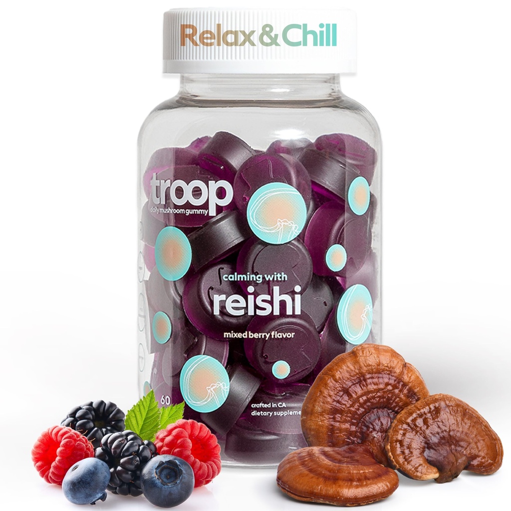 Troop Reishi Mushroom Gummies - Beruhigende Gummi für Erwachsene und Kinder - Fokus-Ergänzung für Stress, Entspannung, Immununterstützung - 4000mg Triple-Extrakted Fruiting Body - Mixed Berry, 60 Count