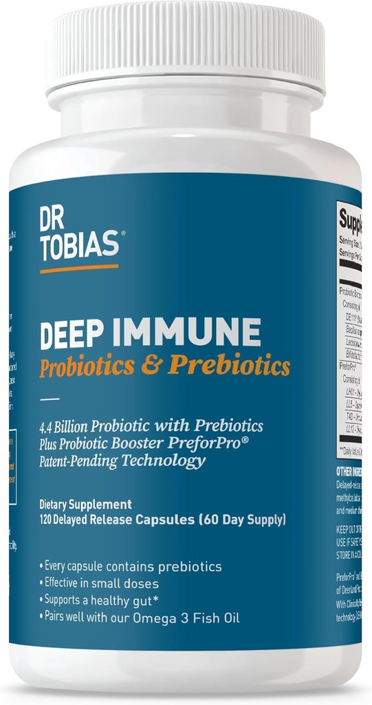 Dr. Tobias Deep Immune Probiotics & Prebiotics, Dual Action Digestion & Immune Support mit PreforPro Prebiotics & Delayed Release Spore Forming Probiotics for Women & Men, 120 Kapseln, 60 Servietten
