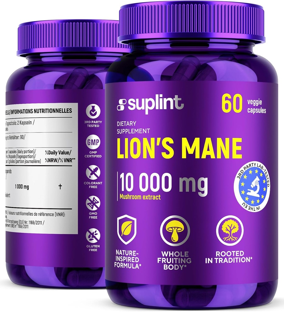 Lion's Mane Mushroom Supplement 10.000 mg | Nahrungsergänzungsmittel für Gedächtnis, Fokus und Klarheit | Tägliche Immunsystem-Unterstützung Complex für Frauen und Männer | Non-GMO, Gluten-Free, Vegan | 60 Kapseln