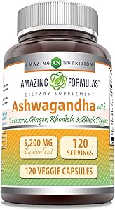 Erstaunliche Formeln Ashwagandha Ergänzung | Enthält Kurkuma, Ginger, Rhodiola, & Schwarz Pfeffer | 5200 Mg pro Servieren | Veggie Kapseln | Non-GMO | Gluten-Free | Made in USA (1 Pack | 120 Count)