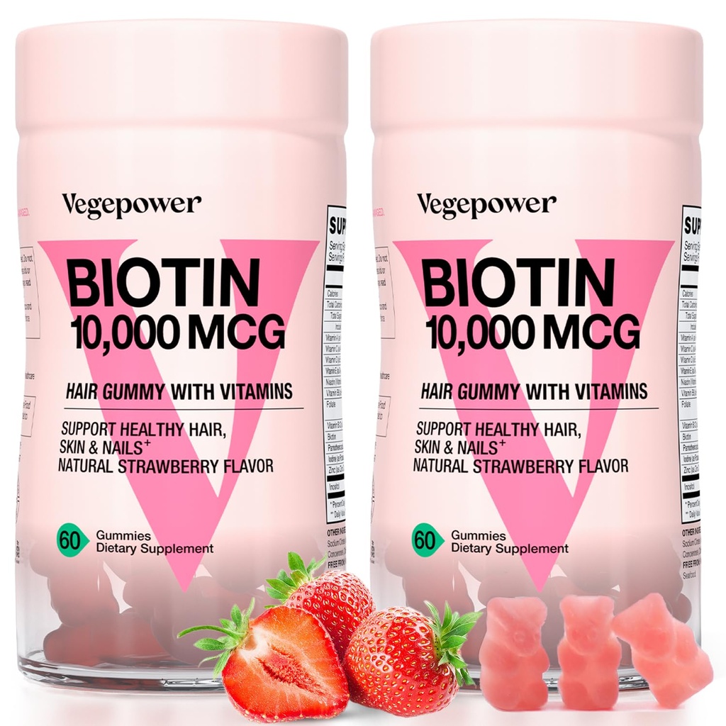 Biotin Gummi 10000mcg Ergänzungen - mit Vitamin C, A, D, B-Komplex, Folat, Zink für Frauen & Mädchen- Vegan Biotin Haarwachstum Gummy für gesunde Haare und Nägel, Non-GMO, Erdbeere, 120 Bär