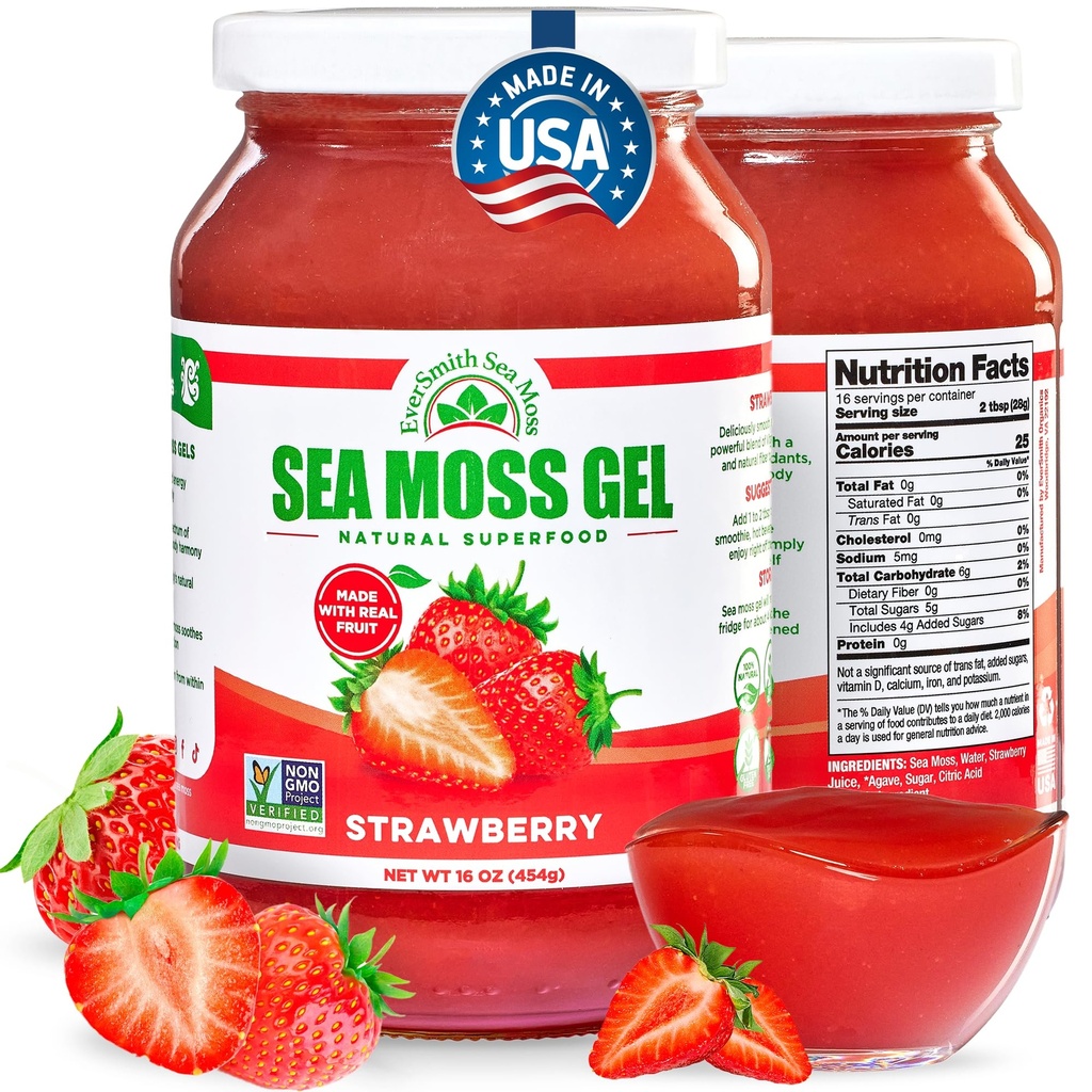 Wildcrafted Irish Sea Moss Gel | Made in USA | Rich in Vitamine & Minerals | Sea Moss Gel Raw | Nutritional Supplement | Erdbeere (16 oz)