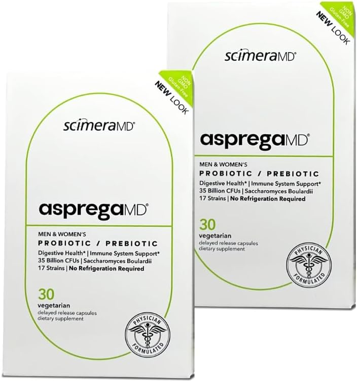 Asprega 30CT - Probiotic + Prebiotic Supplement | 17 Strains, 35 Billion CFUs | Delayed Release | Saccharomyces Boulardii | für Männer & Frauen | von ScimeraMD, 2-Pack