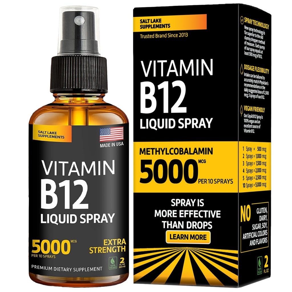 Vitamin B12 Sublingual Spray 5000 mcg – Vegan Methylcobalamin Liquid B12 Boost Energy, Mood & Brain Health - Glutenfrei, Non-GMO B12 Spray für Herren & Frauen - Einfache Dosierung (5000 mcg in 10 Sprays)