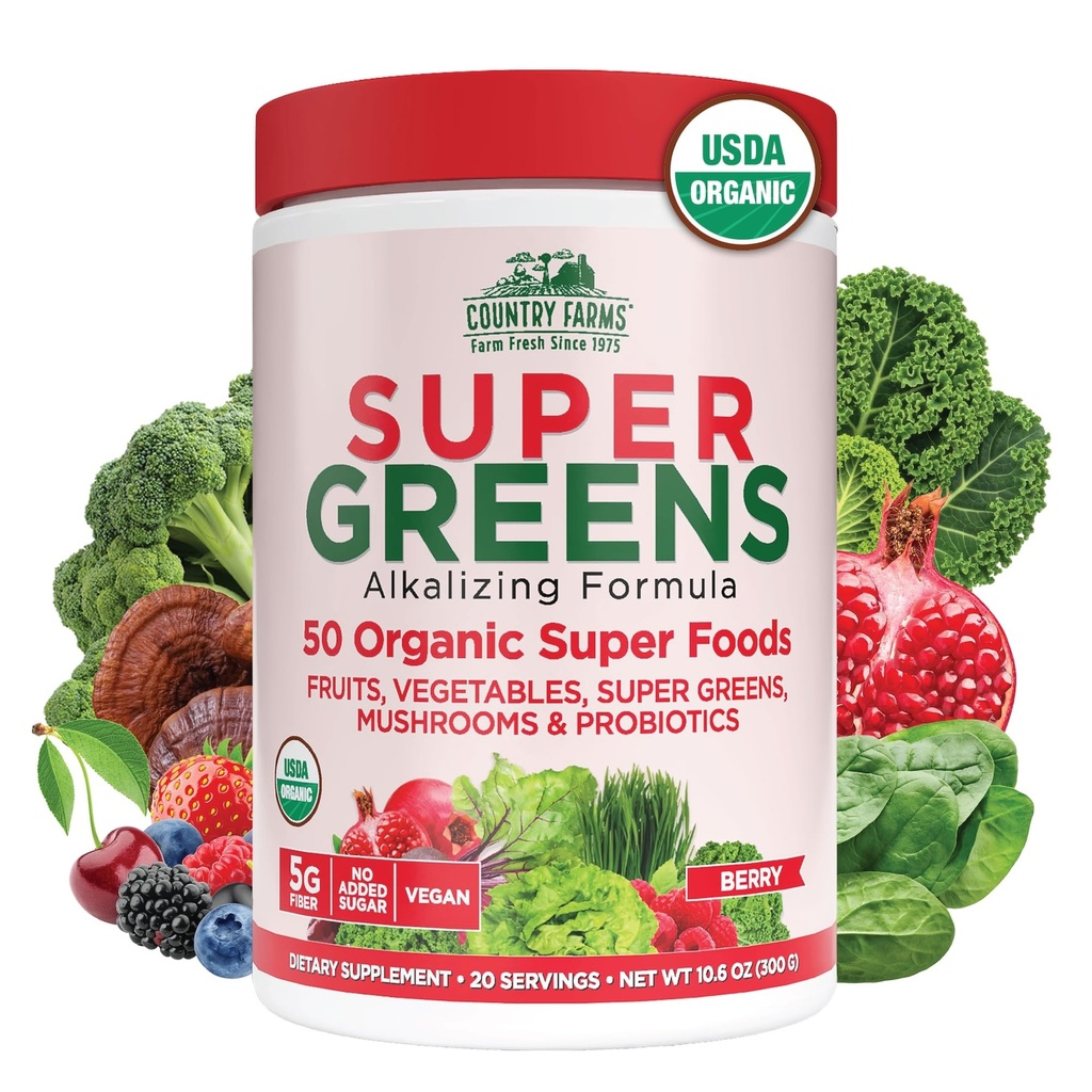 Country Farms Bio Super Greens Berry Flavor, 50 Bio Super Foods, verpackt mit Fiber, USDA Organic Drink Mix, Früchte, Gemüse, Pilze & Probiotics, unterstützt Energie, 5g Fiber