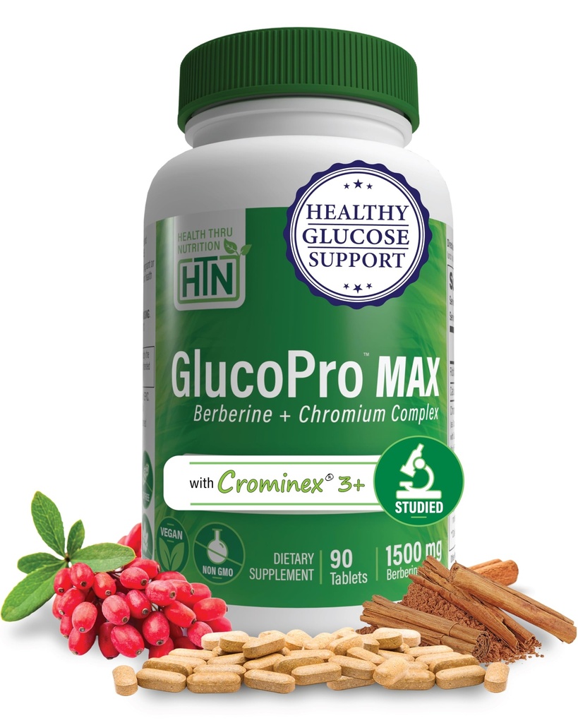 Health Thru Nutrition GlucoPro Max - mit 1.500mg Berberine, Chrominex + Chromium und 1.000mg Cinnamon | Vegan, Non-GMO, Gluten Free | Pack von 90